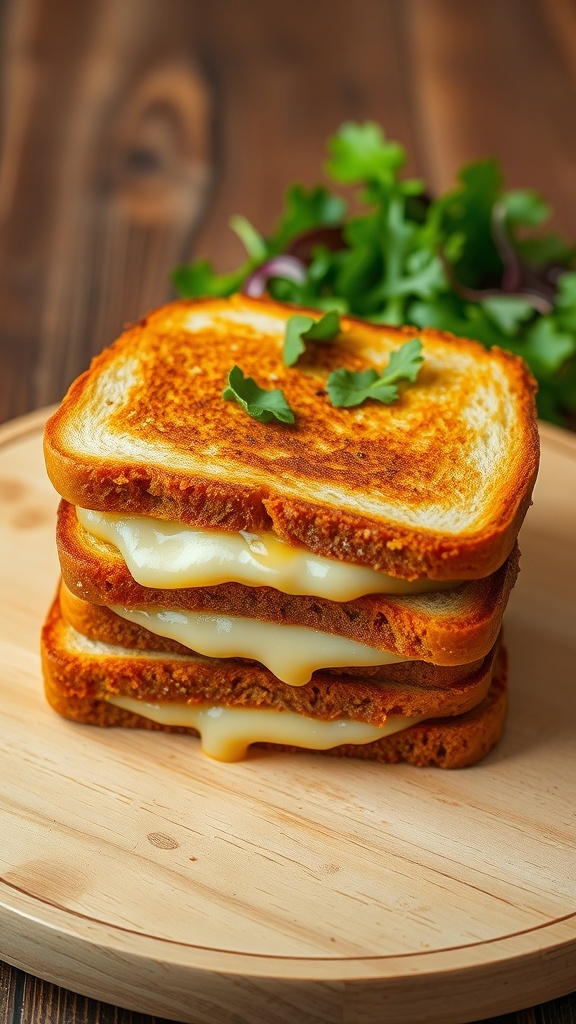 Golden-brown layered toast with melted cheese and a side salad on a rustic table.